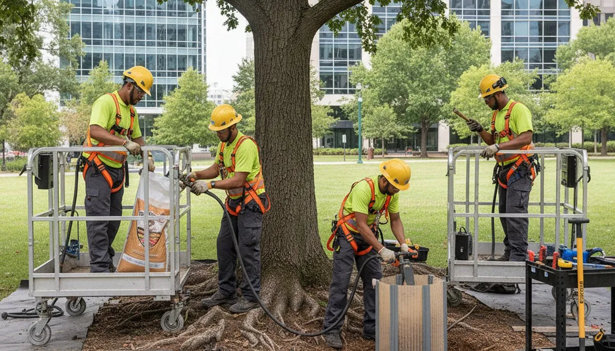 Tree crew protecting roots during service in Chicago, IL for Arbor Tree Care